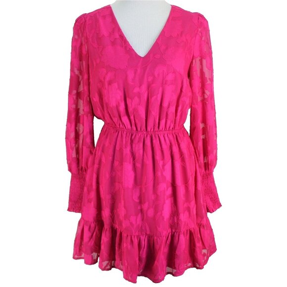Evereve Penelope Dress Womens Size M Pink V Neck Long Sheer Sleeve Elastic Waist - Picture 1 of 7